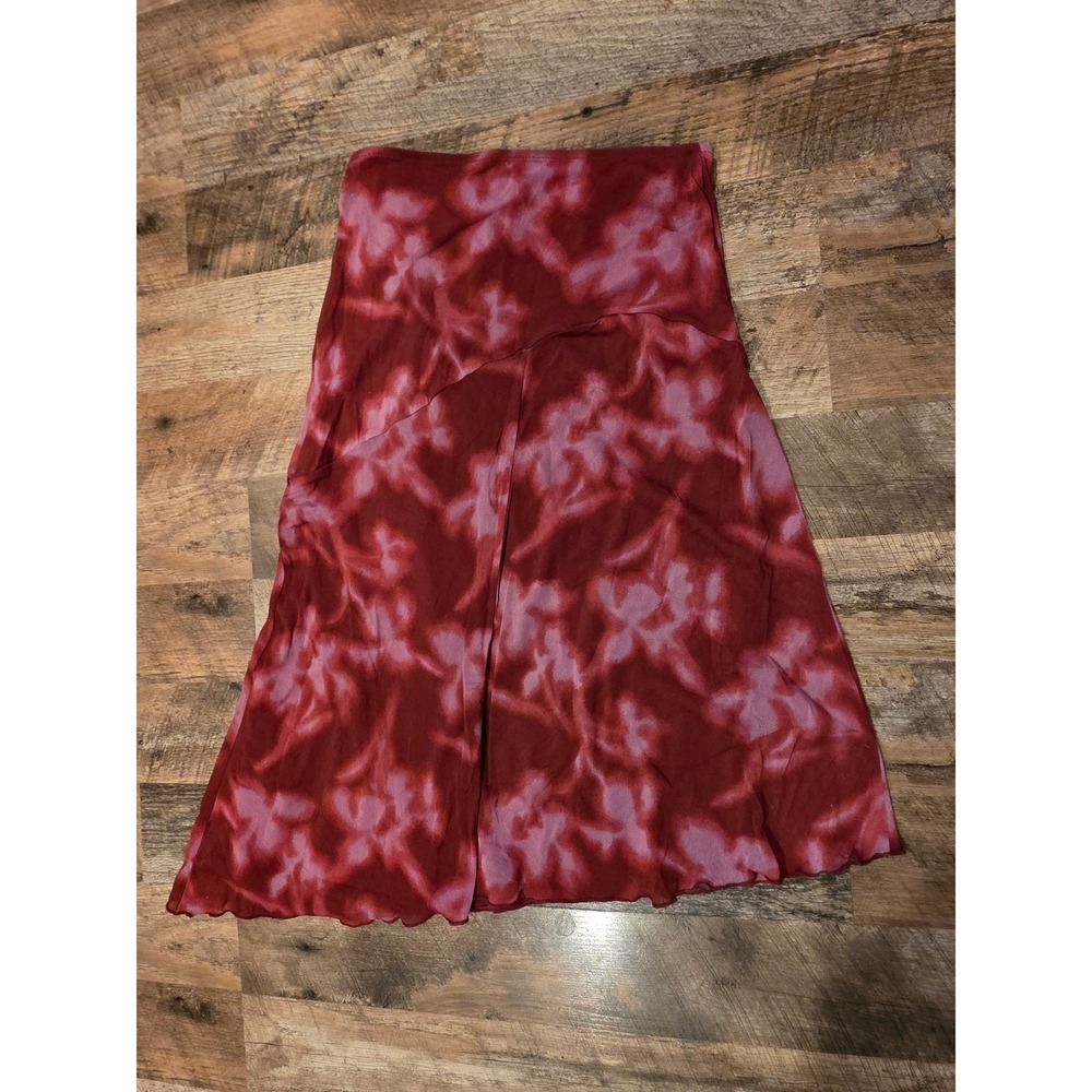 Wild Fable Burgundy Pink Floral Mesh Midi Skirt Asymmetrical Lettuce Hem Small - Picture 3 of 3